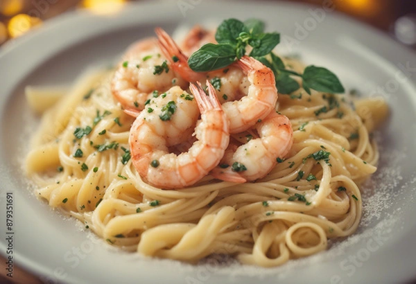 Fototapeta shrimp scampi in garlic butter sauce over a bed of al dente pasta, ad shot 
