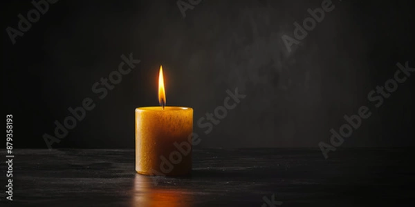 Fototapeta Single yellow candle with dark background for memorials, funerals, and obituaries concept with copy space