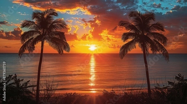 Fototapeta Golden Serenity: Majestic Sunset Over Ocean with Silhouetted Palm Trees Captured on Nikon D780 & 70-200mm f/2.8 Lens
