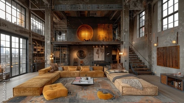 Fototapeta Living room interior in loft, industrial style