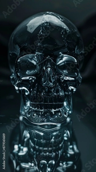 Fototapeta Crystal skull on reflective surface creates eerie, spooky atmosphere perfect for halloween designs. The skull's glass material enhances macabre feel with death symbolism