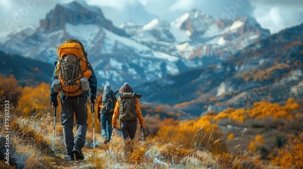 Fototapeta Autumn Adventure: Friends Hiking in the Colorful Mountains - Bright and Awe-Inspiring Landscape Shot with Sony A7III 85mm f/1.4 Lens