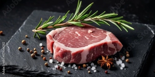 Fototapeta a piece of raw meat with spices on a black background