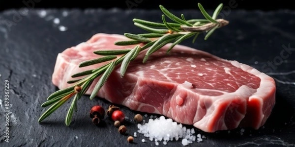 Fototapeta a piece of raw meat with spices on a black background