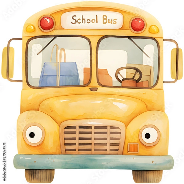 Obraz Front view of a yellow school bus featuring a playful and cheerful design.