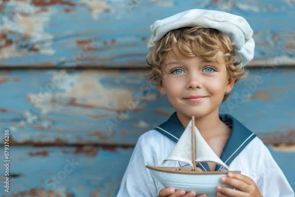 Obraz Smiling Boy in Sailor Outfit Holding Toy Boat
