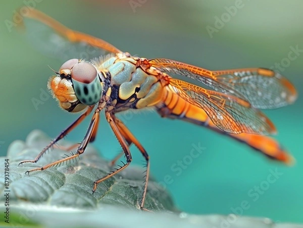 Fototapeta Close-up of a Dragonfly on a Leaf- Photograph a dragonfly perched delicately on a leaf