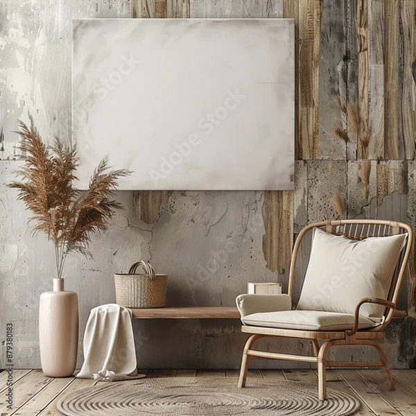 Fototapeta Canvas mockup in a minimalist interior featuring an armchair and rustic decor. 3D rendering.