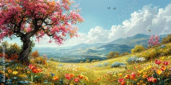 Fototapeta A bright spring garden filled with bright flowers and the rejuvenating energy of nature