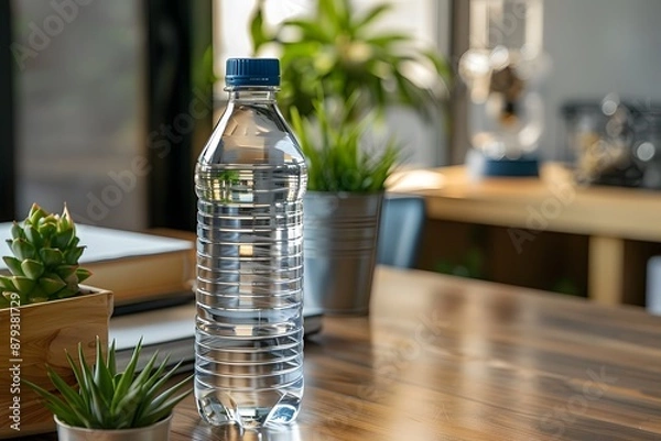 Fototapeta Refreshing Water Bottle on a Wooden Desk Surrounded by Greenery