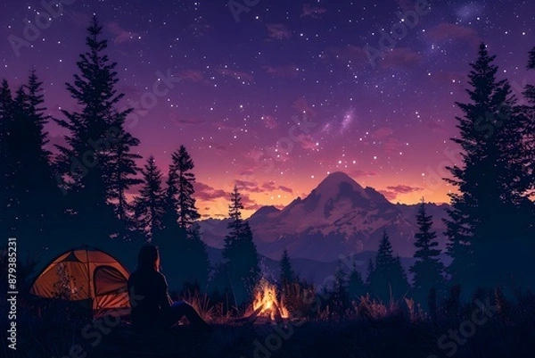 Fototapeta This is a purple concept illustration of camping in front of a tent and bonfire deep in the mountains, where the sun sets and the stars twinkle in the sky.
