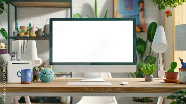 Fototapeta Mockup is a modern computer monitor. On a stylish wooden table there is a computer monitor, a green plant, a monster figurine, a lamp, a cup, a keyboard and a mouse. 