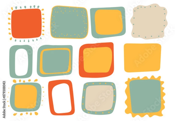 Fototapeta Hand drawn multicolored psychedelic retro textbox for social media. Trendy graphic template of curved frame. groovy style 