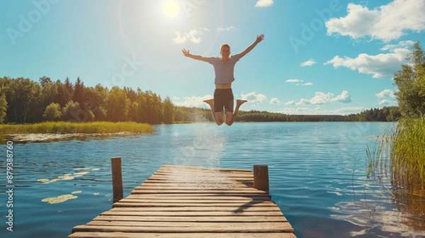 Fototapeta person jumping on the lake