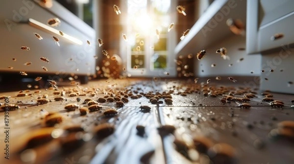 Fototapeta Insects scatter rapidly across a floor illuminated by sunlight streaming in, reflecting urgency, panic, household cleanliness issues, and the distress of pest control.