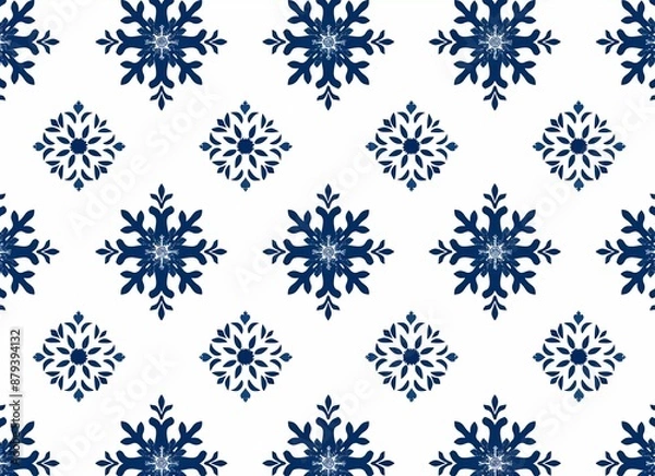 Fototapeta Seamless pattern of navy blue traditional folk ornament on white background. Minimalist design, simple and elegant style.
