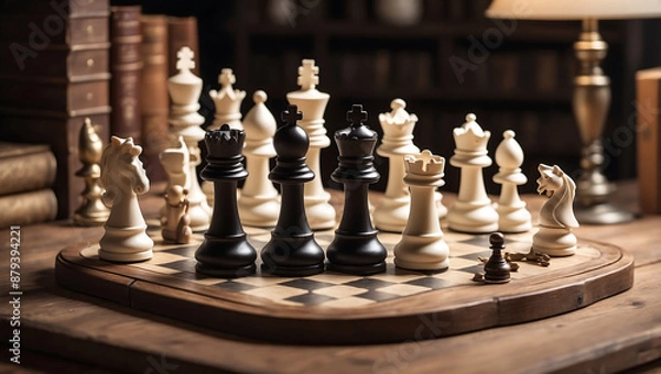 Fototapeta International chess day, a chessboard with various white and black chess pieces mid game, placed on an antique wooden table with background is slightly blurred