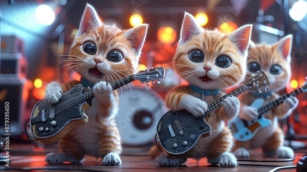 Obraz Two delighted kittens are playing black guitars on a lively concert stage, showcasing their musical talent with bright stage lights creating a dramatic atmosphere.