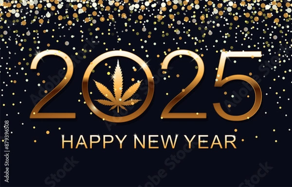 Fototapeta Happy New Year 2025. Greeting Card. New Year Shining background with marijuana leaf. Vector illustration.