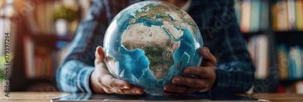 Fototapeta The planet earth is in the hands of man. The planet is filled with information. International Day of Universal Access to Information. search for information. information mining.