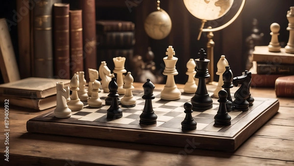 Fototapeta International chess day, a chessboard with various white and black chess pieces mid game, placed on an antique wooden table with background is slightly blurred