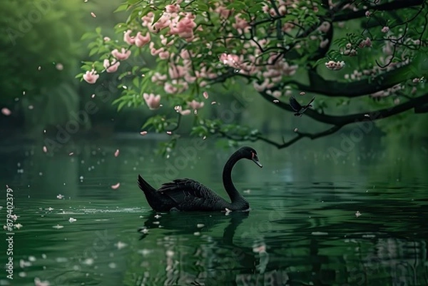 Fototapeta Black swan glides gracefully through a tranquil pond adorned with pink petals