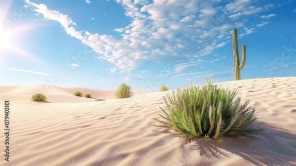 Fototapeta A desert scene with a cactus in the foreground