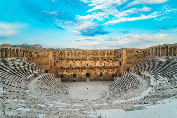 Obraz Aspendos, Antalya. Wide-angle panoramic view of the Roman Theater in Turkey, taken from the air with a drone.