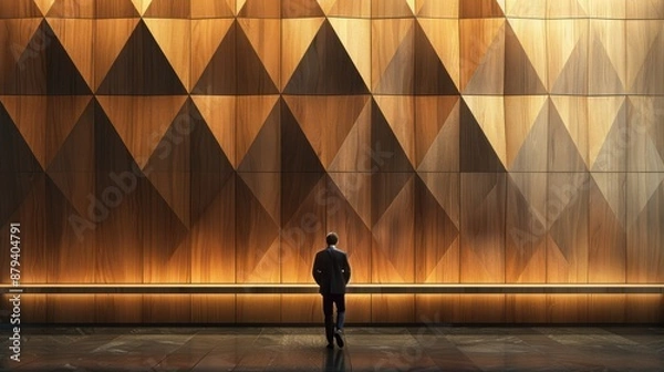 Fototapeta A man stands in front of a wall with a lot of wood and triangles