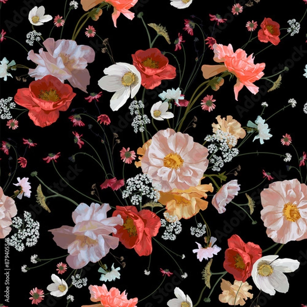 Fototapeta Vector Seamless Pattern. Garden flowers. Magical flowers on black background. Realistic vector image. Print for all types of surfaces. Trendy print. 