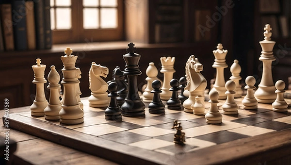 Fototapeta International chess day, a chessboard with various white and black chess pieces mid game, placed on an antique wooden table with background is slightly blurred