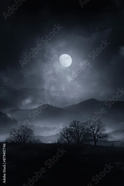 Fototapeta dark horror night landscape with full moon in the clouds