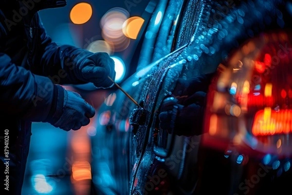 Obraz Nighttime Car Theft in Progress Under City Lights