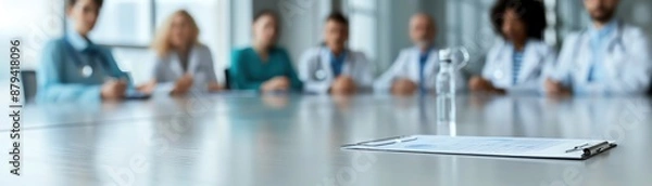 Fototapeta Group of medical professionals in a meeting with patient records and stethoscope on the conference table. Healthcare teamwork concept.