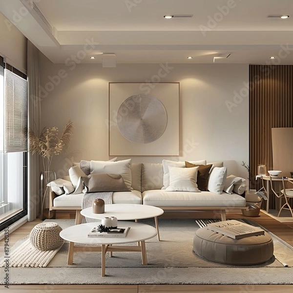 Fototapeta Living room with a sofa and a table with a vase of flowers on it