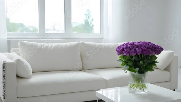 Obraz Interior of modern living room with white sofa and flowers in vase