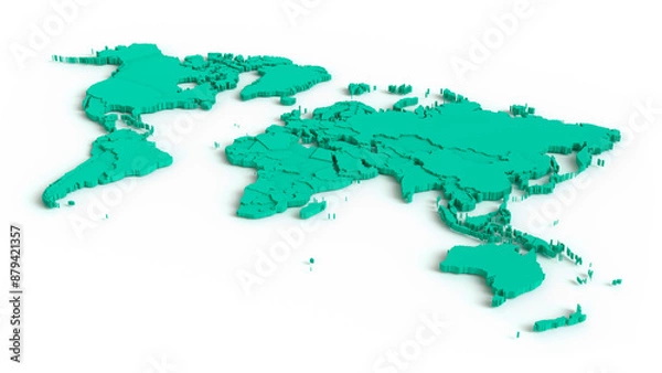 Obraz Mint color world map on white background. 3D rendering