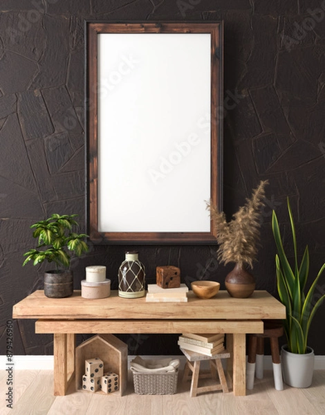 Fototapeta Mocap, template, simple rustic living room interior, wooden rough furniture, picture frame, poster, photo, potted flowers, decor, 3D rendering
