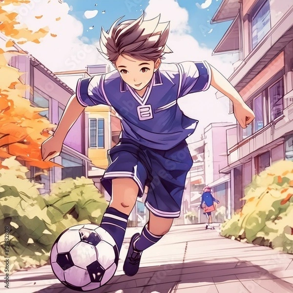 Obraz サッカーボール蹴りながら帰宅。