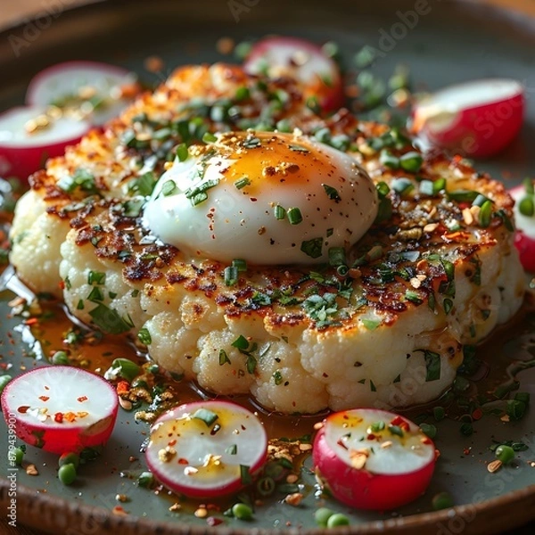 Obraz High-Quality Keto Lunch or Dinner, Cauliflower Steak with Poached Egg , Top-Down Perspective