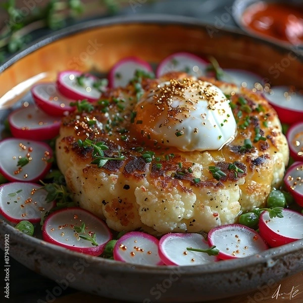 Obraz Ketogenic Cauliflower Steak with Poached Egg and Radishes - Top-Down View