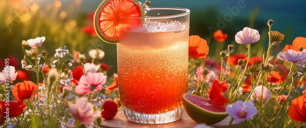 Fototapeta Fresh healthy cold beverage in a transparent glass with a field of flowers in the background