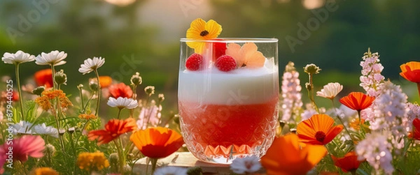 Fototapeta Fresh healthy cold beverage in a transparent glass with a field of flowers in the background