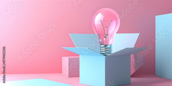 Fototapeta Creative concept image of a pink light bulb inside an open box against a pastel background, symbolizing innovation and ideas.