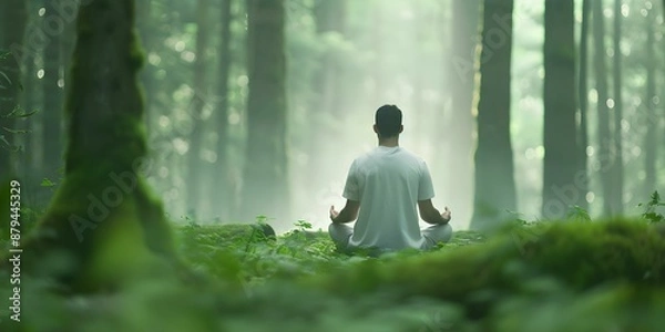Fototapeta Yogi finding inner peace through yoga practice in serene forest setting. Concept Yoga, Inner Peace, Forest Setting, Serenity, Yogi