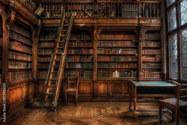 Obraz Vintage library interior, old bookshelf with books, antique shelf, bookcase, old university
