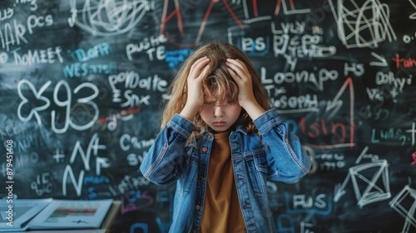 Obraz Stressed child in front of a chalkboard filled with equations