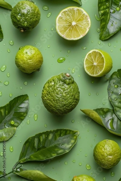 Fototapeta Bergamot and lime fruits and leaves scattered around, top view, product photography, green color palette, minimalism, water drops on the fruit surface, magazine cover. Green background. Generative AI