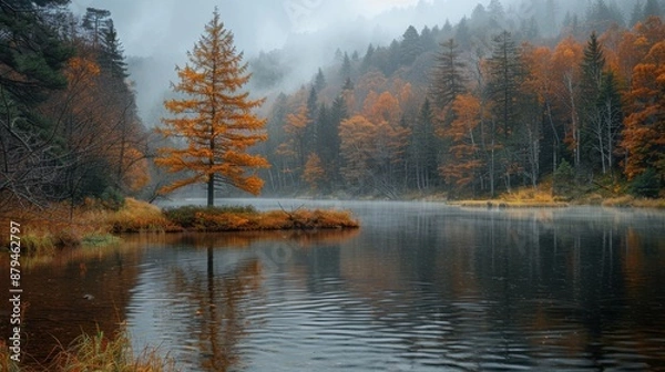 Fototapeta Enchanted Autumn River: Serene Landscape with Misty Waters and Colorful Trees