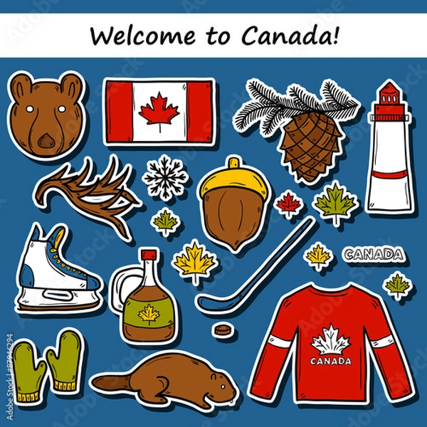Fototapeta Set of cartoon hand drawn stickers on Canada theme: maple syrup